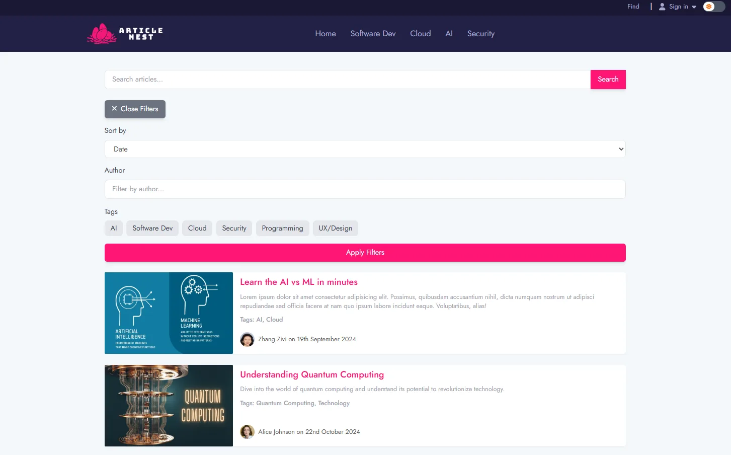 Article Nest blog homepage